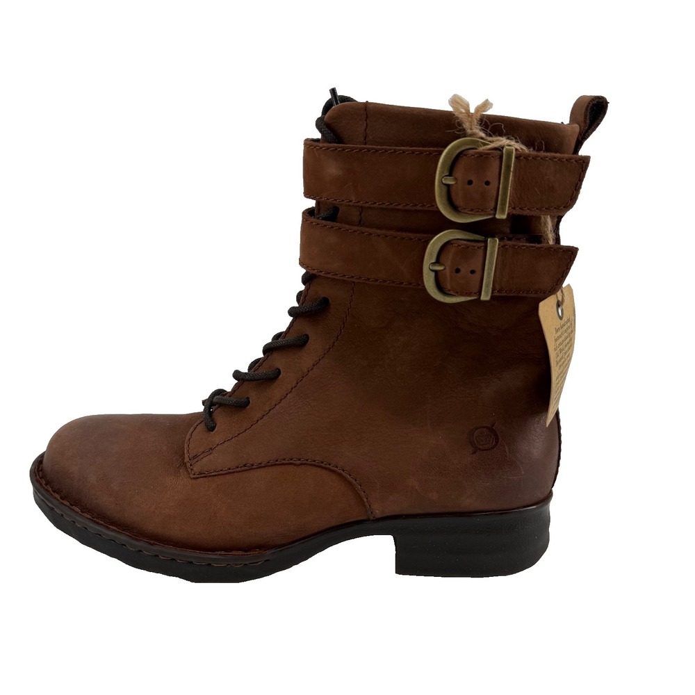 Born‎ Brown Leather Combat Boots Lace Up Buckle Zip Ankle Boots Women - Size 6